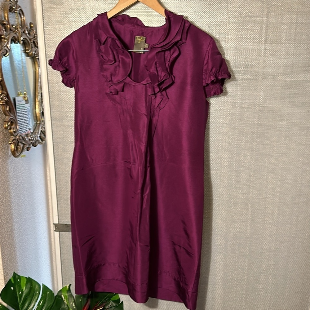 Taylor 100% Silk Purple ruffle front pleated puff shirt shift sleeve Dress sz 8